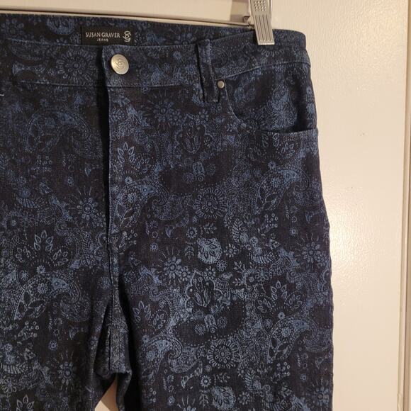 Susan Graver Sz 8 Jacquard Ankle Pants Navy Blue Floral Slim Stretch Career - Picture 4 of 11